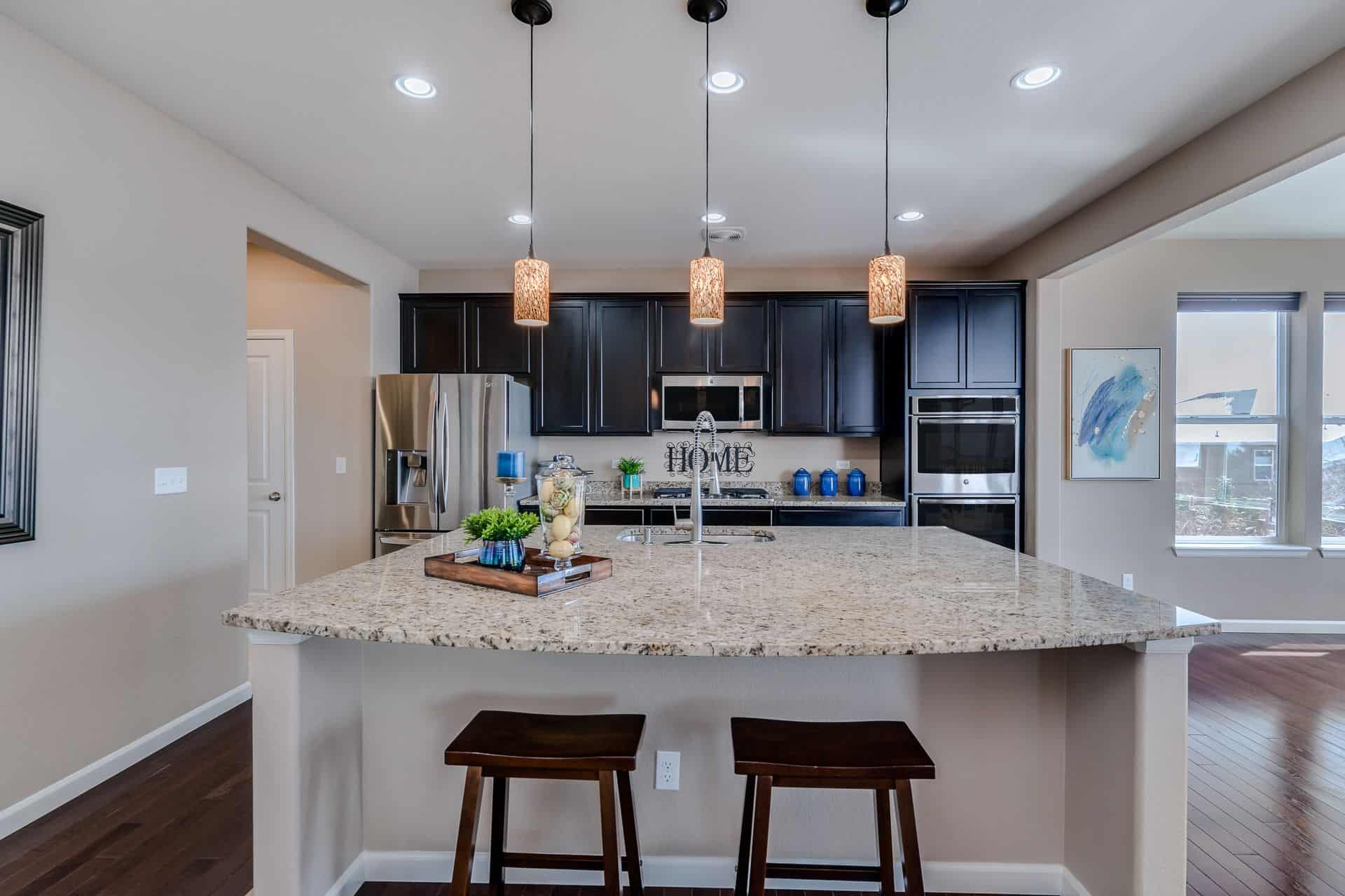 Kitchen Island with Counter Bar and Pendant Lights