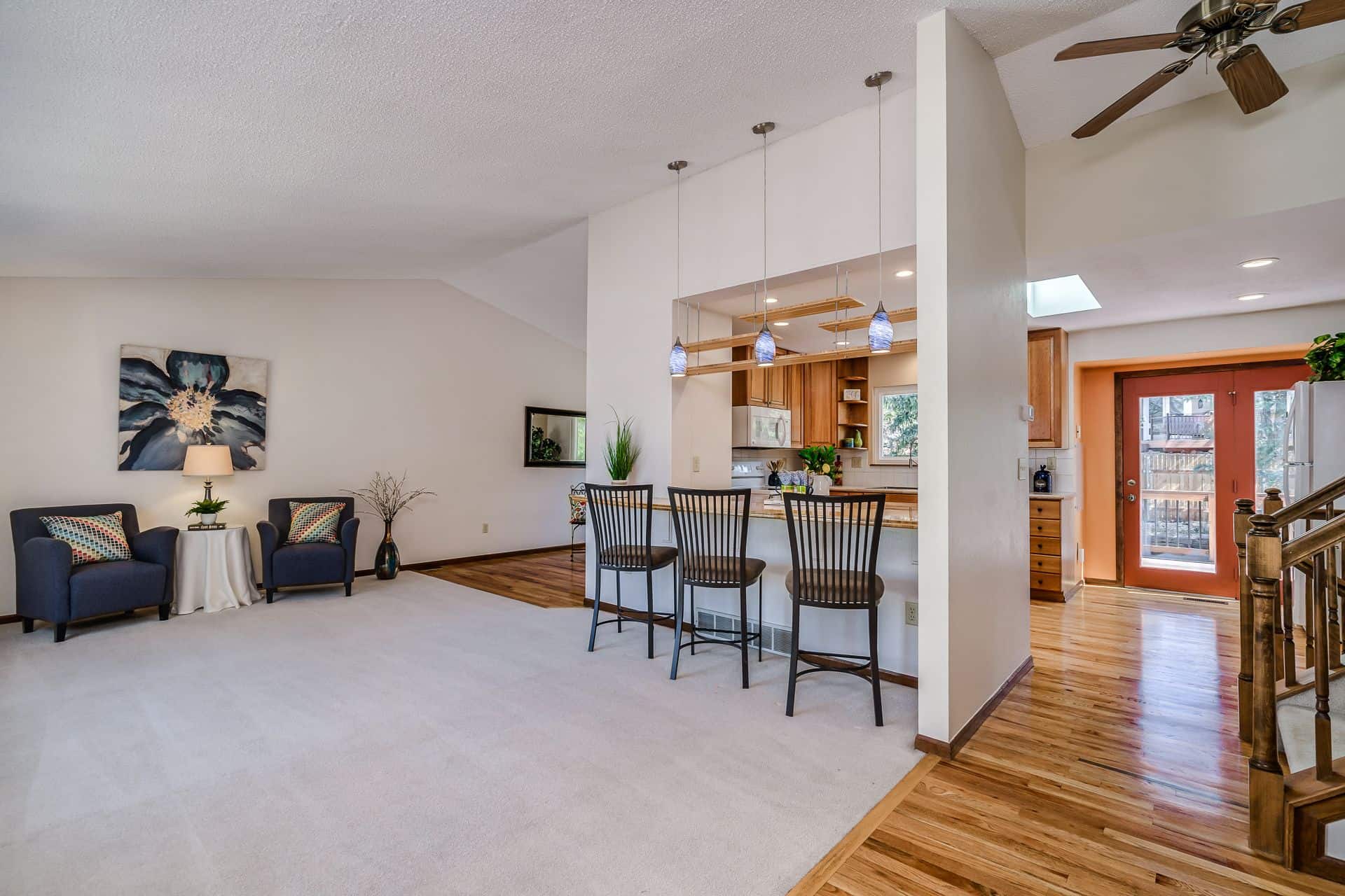 Living Room into Dining Room and Kitchen