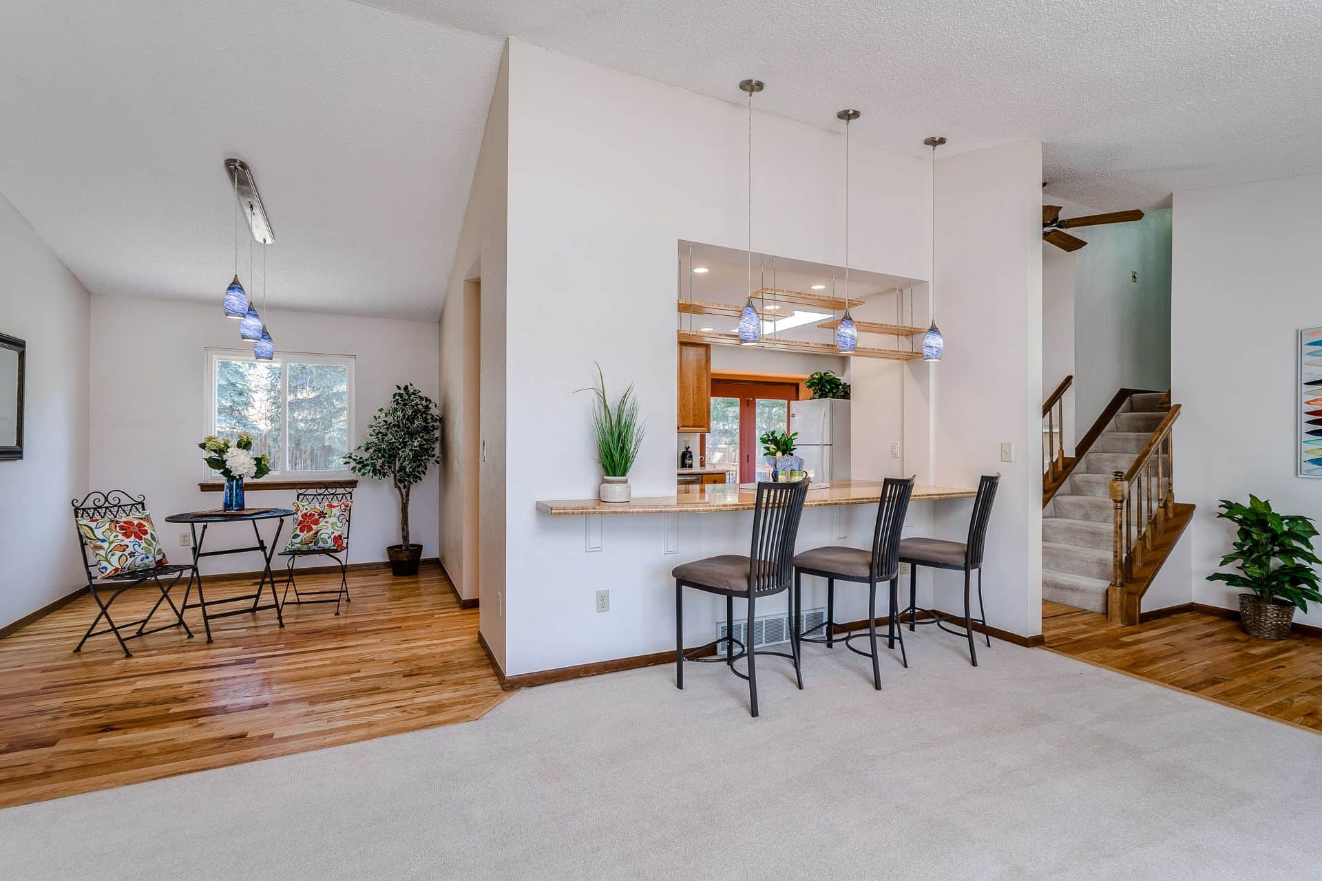 Living Room into Dining Room and Kitchen